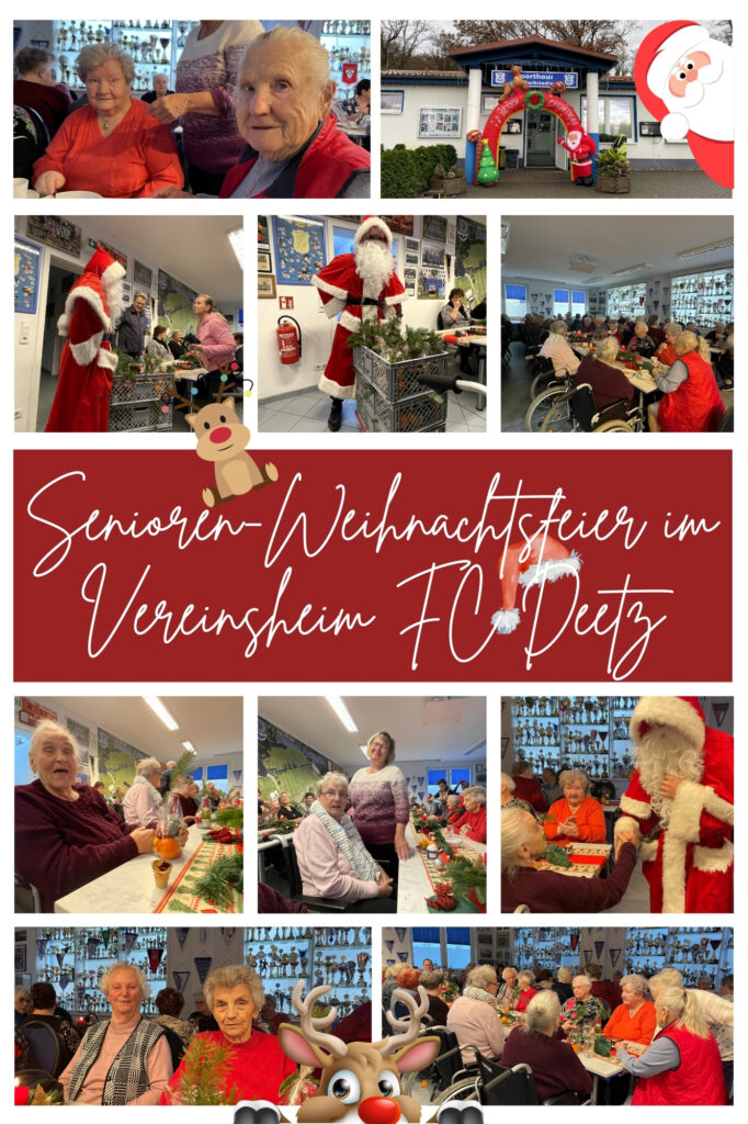 Kollage mit Bildern der Weihnachtsfeier im Vereinsheim des FC Deetz. Senioren werden mit dem Gesang von Kindern und dem Weihnachtsmann beschenkt.